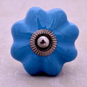 May include: A decorative cabinet knob with a flower-like shape. The knob is a vibrant turquoise blue with a crackle glaze effect. It features a silver-colored metal center with a small, round, silver-colored accent. This knob is likely used for furniture or home decor.