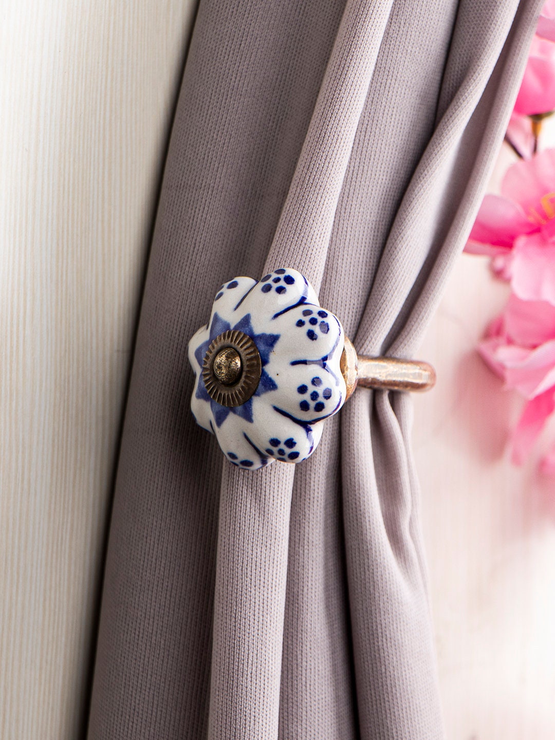 Hand-painted Ceramic Flower Curtain Tie Back: Blue & White Rustic Hook ...