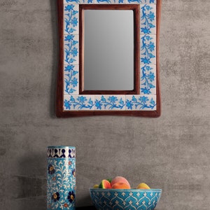 Elegant Turquoise Wall Hanging - Decorative Ceramic Tile Mirror with Stylish White Base & Unique Design for Home Decor