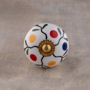 Handmade Multicolor Round Dots on White Base Ceramic Knob (Sold in Sets)