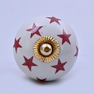 Handmade White & Red Star Design Ceramic Cabinet Knob