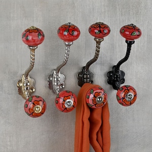 Red Handmade Ceramic Wall Hook – Vintage Coat & Bath Hooks, Metal Furniture Hardware, Decorative Home Organizer