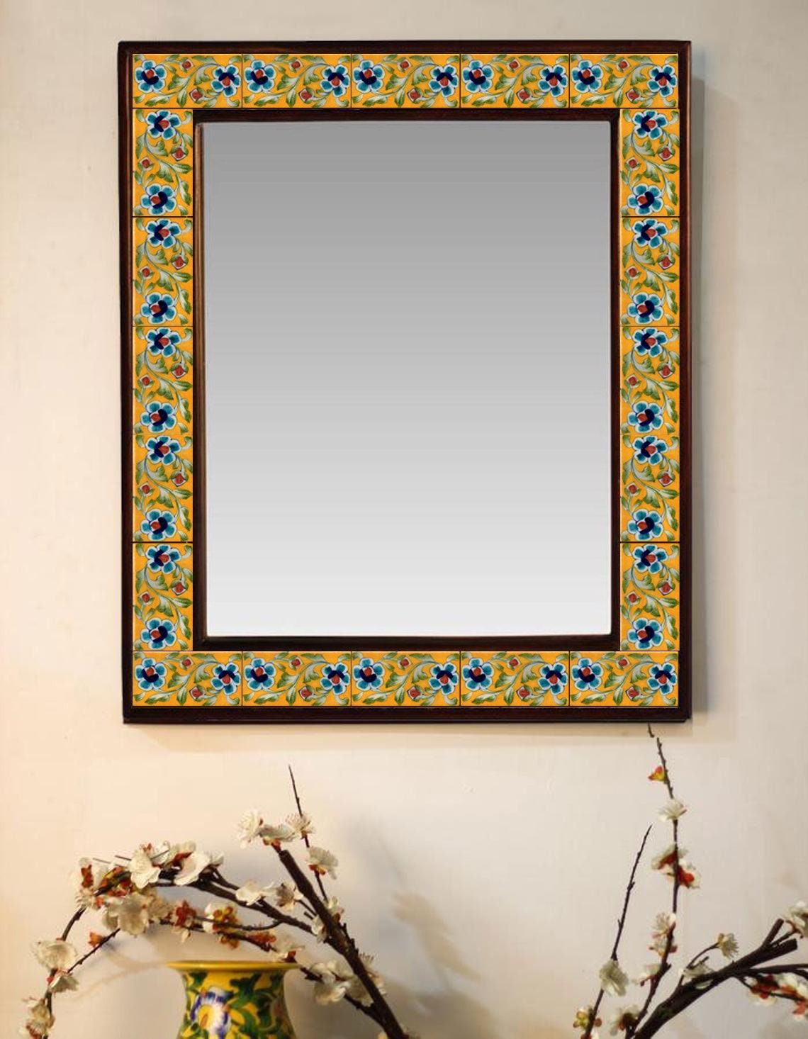 花柄タイル装飾 木製フレーム 壁掛け用 鏡フレーム 花柄タイル装飾 木製フレーム 壁掛け用 鏡フレーム