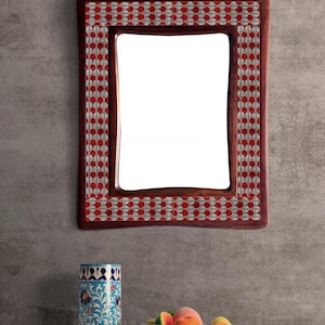 Espejo de azulejos de cerámica hechos a mano: Diseño rojo y blanco, decoración de pared única, regalo de Navidad