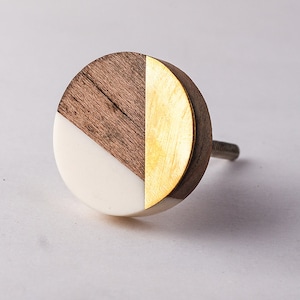 Tricolor Wood Drawer Knob: Brown, Brass & White, Modern Cabinet Handle