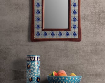 手作りのセラミックタイルミラー：青と白の職人による壁装飾 - Etsy 日本