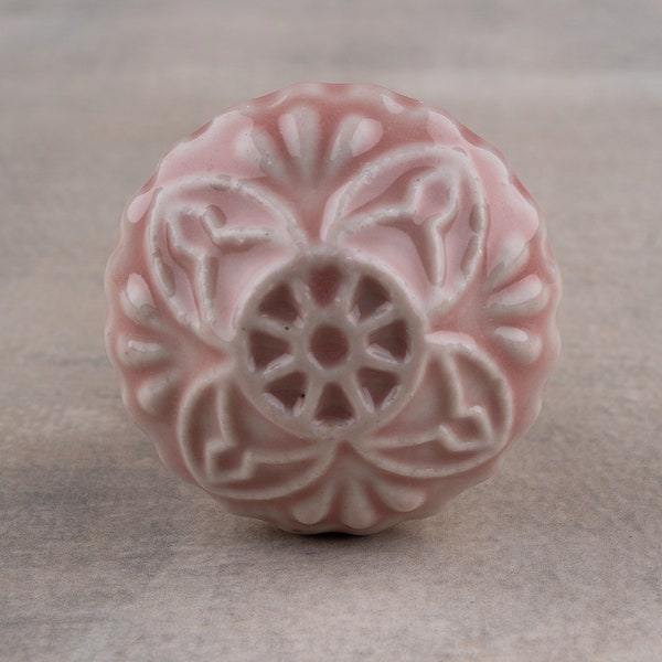 Round Handmade Baby Pink Color Embossed Design Kitchen Cabinet Dresser Drawer Knob (Sold In Sets)