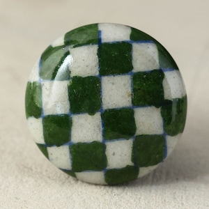 Handmade Round Green and White Checkerboard Ceramic Cabinet Knob | Furniture Door Ceramic Knobs |Ceramic Knob (Sold in Sets)