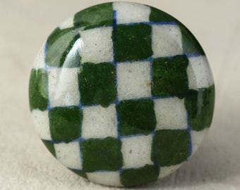 Handmade Round Green and White Checkerboard Ceramic Cabinet Knobs | Furniture Door Ceramic Knobs | Ceramic Knob (Sold in Sets)