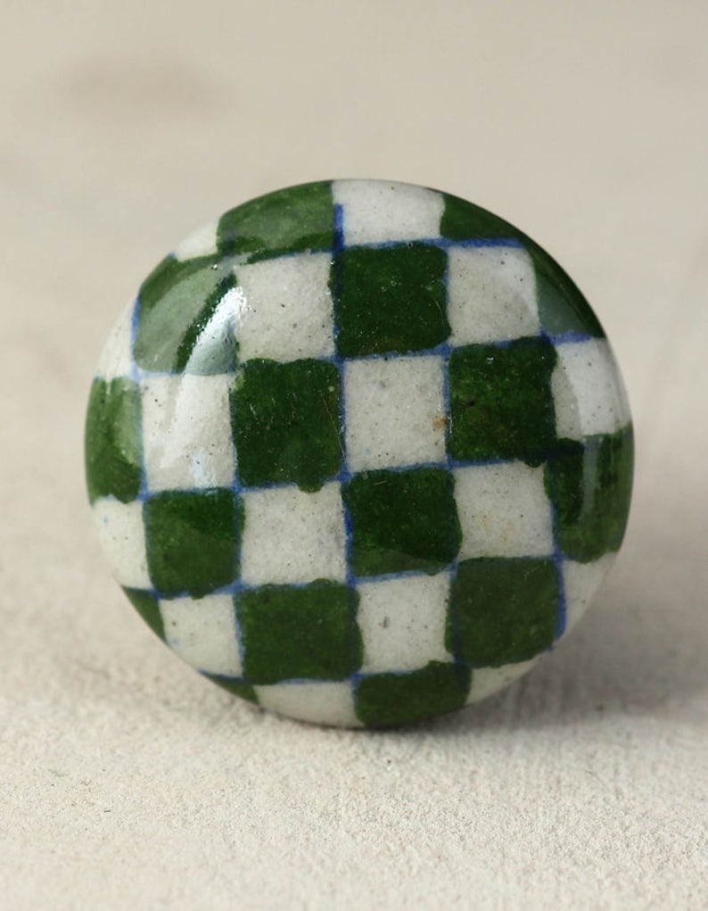 Handmade Round Green and White Checkerboard Ceramic Cabinet Knob Furniture Door Ceramic Knobs Ceramic Knob Sold in Sets image 1