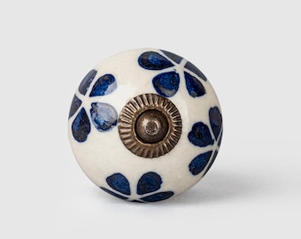 Handmade Blue Floral Ceramic Cabinet Knob: Round Dresser Pull