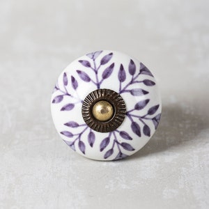 Set of 2,4,6,8,10,12,14 Handmade Round Purple and White Leafy Pattern Ceramic Kitchen Cabinet Knob