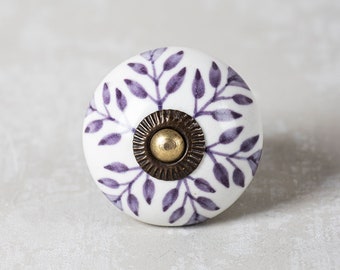 Set of 2,4,6,8,10,12,14 Handmade Round Purple and White Leafy Pattern Ceramic Kitchen Cabinet Knob