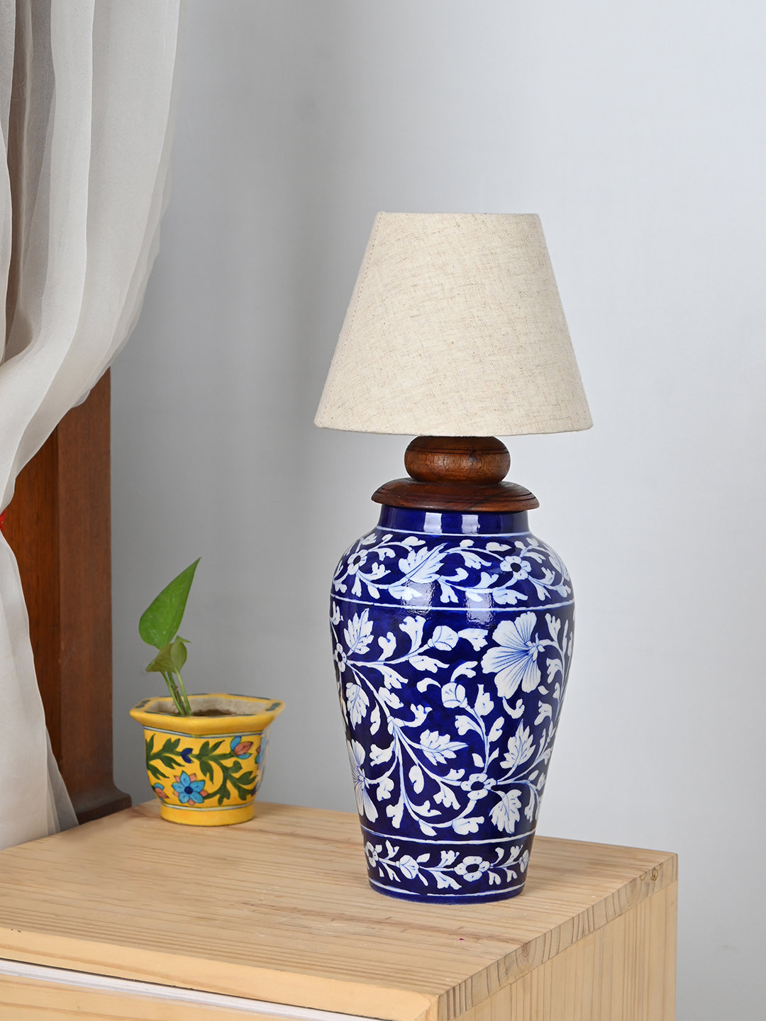 Handmade Blue Pottery Handiya Shape Big Table Lamp 9 Inches