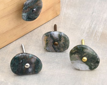 Handcrafted Agate Cabinet Knob: Green & Grey Gemstone Furniture Pull