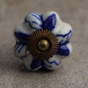 Könnte beinhalten: Ein weißer Keramik-Knopf mit einem blauen und weißen Blumenmuster und einer goldenen Metallbasis.