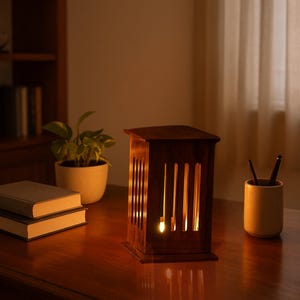 May include: A dark brown wooden lantern with vertical cut-out slats, illuminated from within. The lantern sits on a wooden surface, next to a stack of books, a potted plant, and a pencil holder. The warm light creates a cozy ambiance.