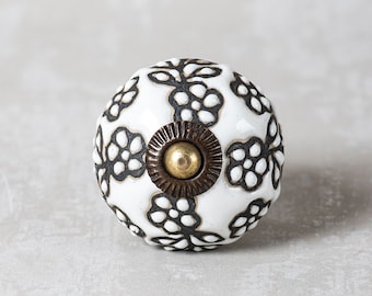 Handmade Embossed Ceramic Cabinet Knob: Black and White Floral Pattern