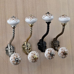 Handmade White  Brown Ceramic Wall Hook | Vintage Metal Wall Hooks for Furniture & Bath | Decorative Rustic Hardware Hook
