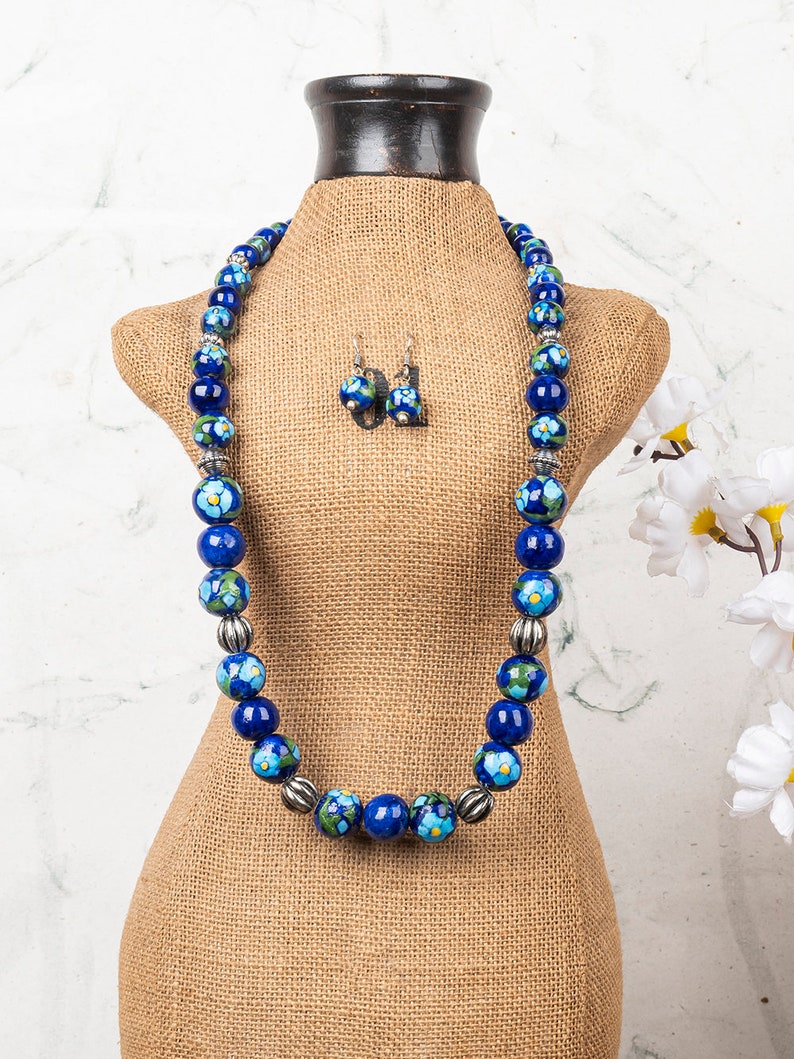 Handmade Full Blue Pottery Bead Long Necklace Etsy Australia
