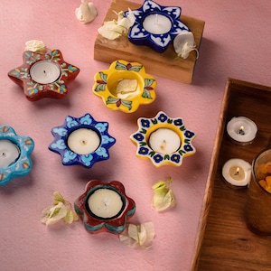 Hand Painted Blue Pottery T-Light Candle Holders - Set of 6