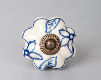 Handmade Floral Shape Blue and White Color Ceramic Cabinet Knobs (Sold in Sets)