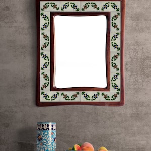 Handmade White and Green Embossed Tile Mirror | Unique Home Décor, Elegant Wall Accent, Stunning Bathroom Décor