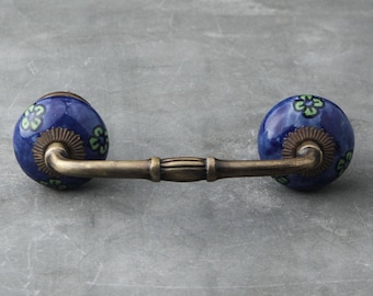 Blue Floral Ceramic Cabinet Knob: Vintage Cottagecore Drawer Pull