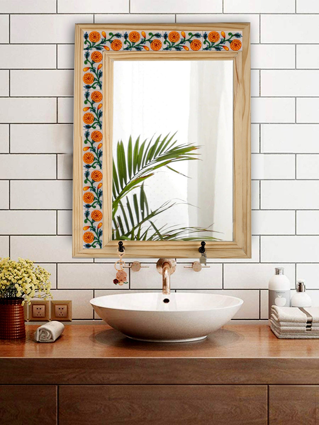 Marigold Tile Mirror With Hanging Hooks, Handmade Pine Wood Frame, Wall  Decor - Etsy, image size:1080x1440