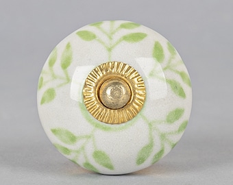 Handmade Green Leaf on White Base Ceramic Drawer Knob