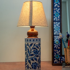 Handmade Blue Pottery Cylinder Shape Table Lamp 8 inches Without Shade, Express Shipping, Handmade in India, Bedroom Bedside Table Lamp