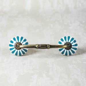 Handmade Ceramic Cabinet Pulls Set - Round Turquoise & White Floral Kitchen Drawer Knobs Decorative Hardware
