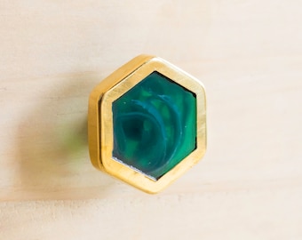 Emerald Green Resin Cabinet Knob: Hexagonal Brass Furniture Hardware