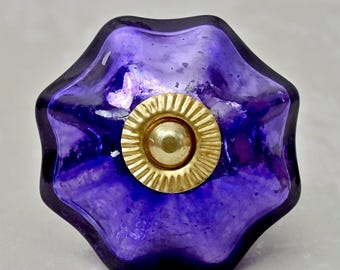 Perilla de gabinete con flor morada antigua / Tirador de cajón de vidrio de mercurio plateado deslustrado