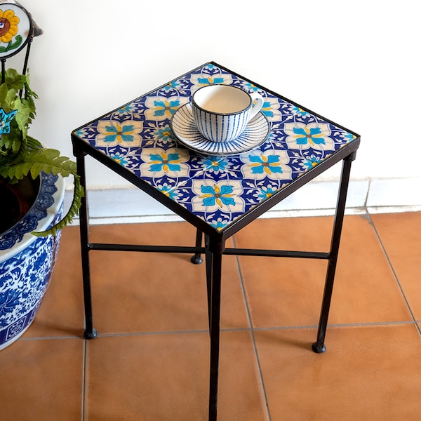 Iron Tables With Blue Pottery Panel Top, Table with Handmade Blue Pottery Tiles, Coffee Table, Kitchen Table, Ceramic Table with Iron Frame