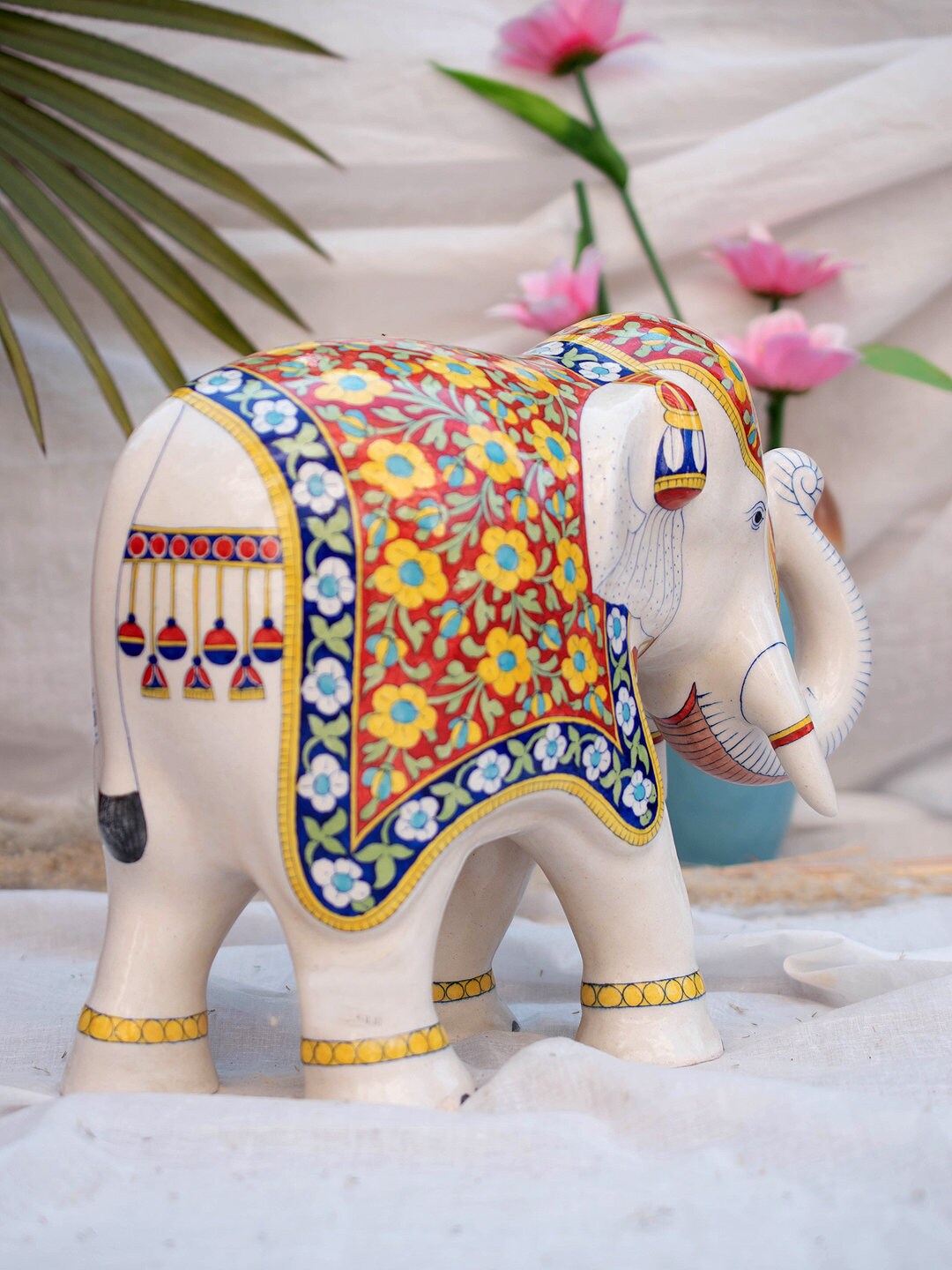 青い陶器の手作り象の置物ペア - 装飾的な陶芸芸術、収集価値のある