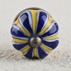 以下が含まれることがあります： 白のストライプ模様の入った青と黄色のセラミックノブ。ノブは銀色の金属ベースです。