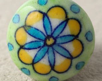 Bouton de meuble en céramique peint à la main, poignée de tiroir florale verte