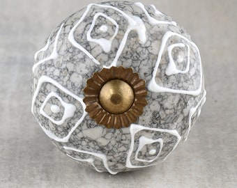 Designer Cracked Grey Ceramic White Embossed Drawer Knob