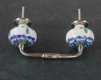 Hand-Painted Ceramic Drawer Pull: White Royal Blue Flower, Decorative Hardware
