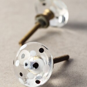 May include: Two clear glass cabinet knobs with black and white polka dots. The knobs have a brass screw.