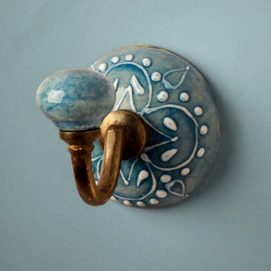 Decorative Turquoise Embossed Ceramic Round Coat Hook (Sold in Sets)