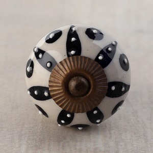 White Embossed Dots on Black Leaf with Cream Base Ceramic Cabinet Knob (Sold in Sets)
