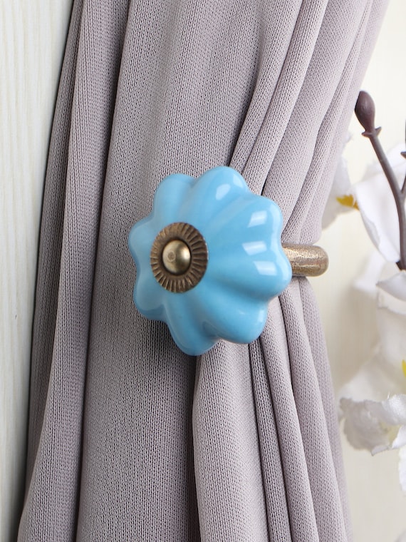 Blue Ceramic Curtain Tie Back: Rustic Towel Hook (Sold in Sets)
