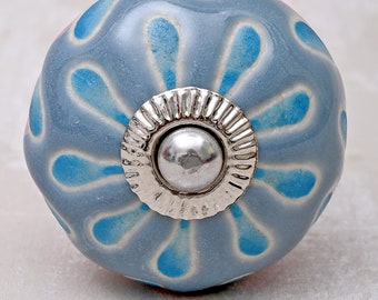 Powder Blue Round Ceramic Dresser Cabinet Knob With Turquoise Flower