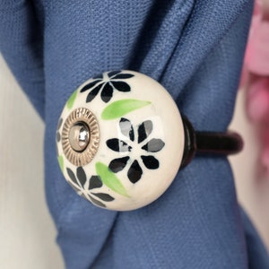 Handmade Ceramic Curtain Tie Back: Black & Lime Floral Towel Hook Black Nickel(3")