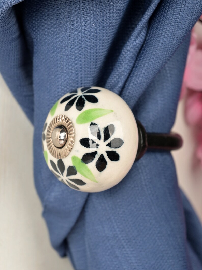 Handmade Ceramic Curtain Tie Back: Black & Lime Floral Towel Hook Black Nickel(3")
