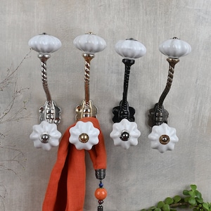 White Handmade Ceramic Wall Hanger Vintage Metal Coat Hook | Rustic Furniture Hardware Bath Towel Holder