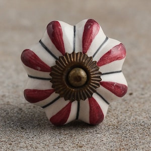 White and Maroon Flower Shaped Cabinet Knob (Sold in Sets)