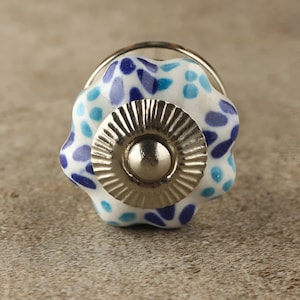 Ceramic Cabinet Knob, White Round Ceramic Knob with Turquoise Design, Furniture Door Knob, Kitchen & Bathroom Cabinet Pull